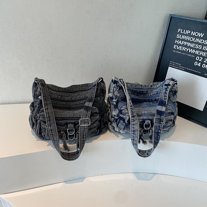 Women Crossbody Bag Vintage Shoulder Bag Multi-Layer Pocket Denim Bag