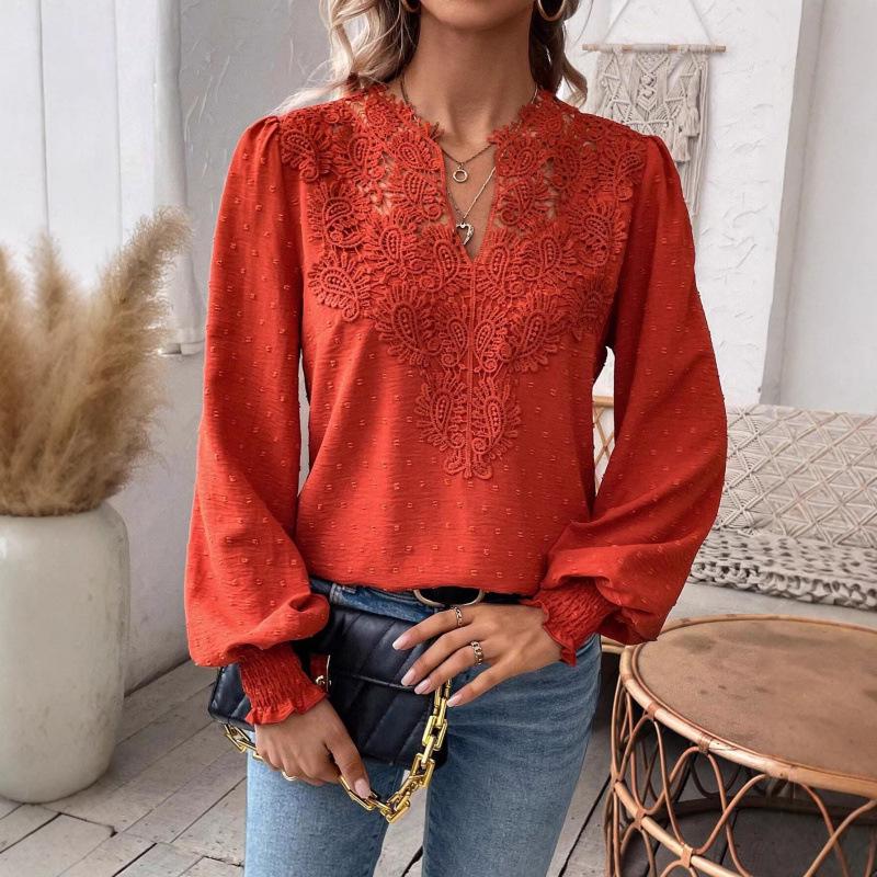 2026 Europe Autumn/Winter V-neck Lace Solid Color Long Sleeve Casual Women's Top