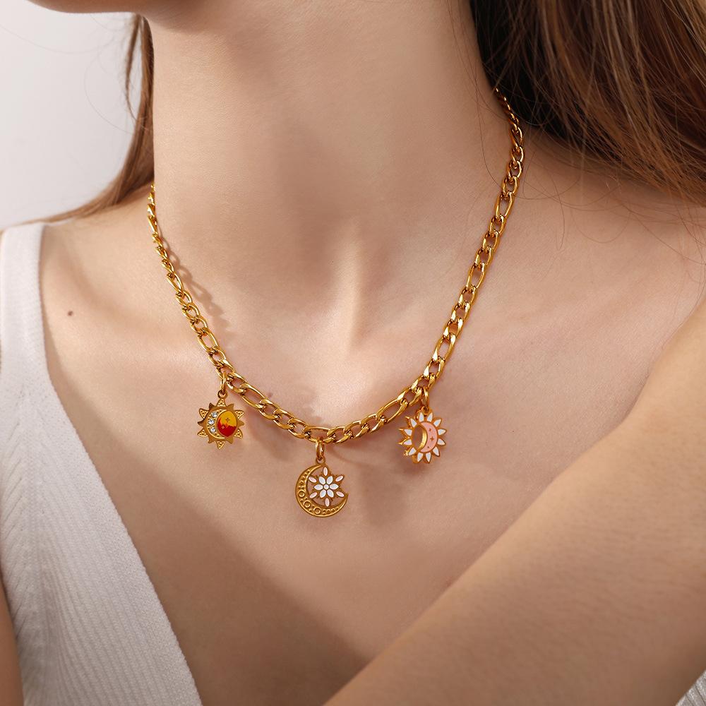 Niche Gold Star Moon Sun Planet Pendant Fashion Versatile Oil Drip Diamond Personalized Accessories
