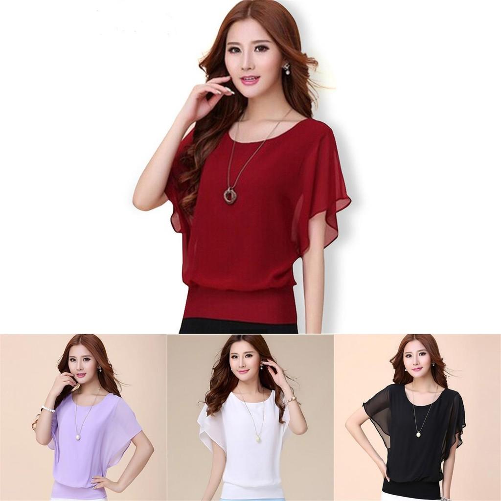 Luxurious Plus Size Chiffon Blouse With Elegant Ruffle Batwing Short Sleeves