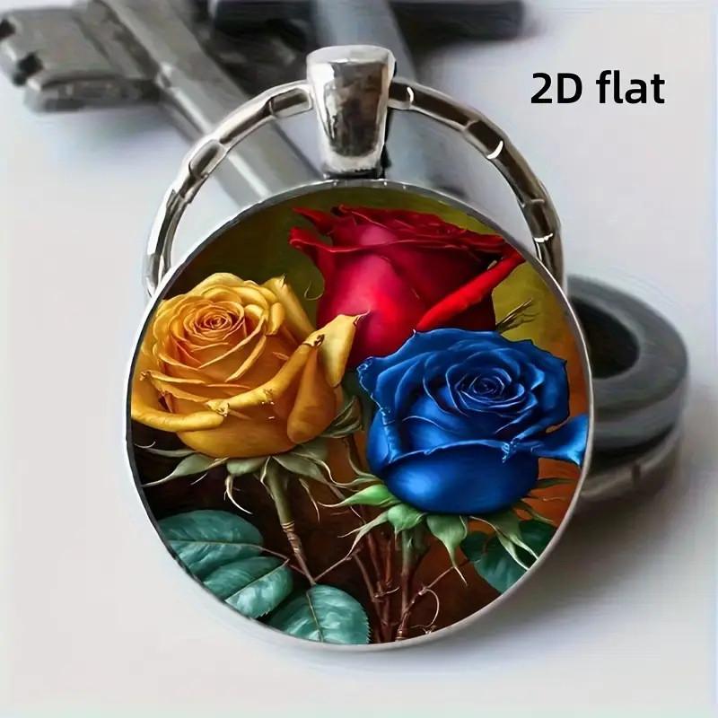 Red Yellow Blue Rose Design Keyring With Zinc Alloy And Glass For Collectors Item