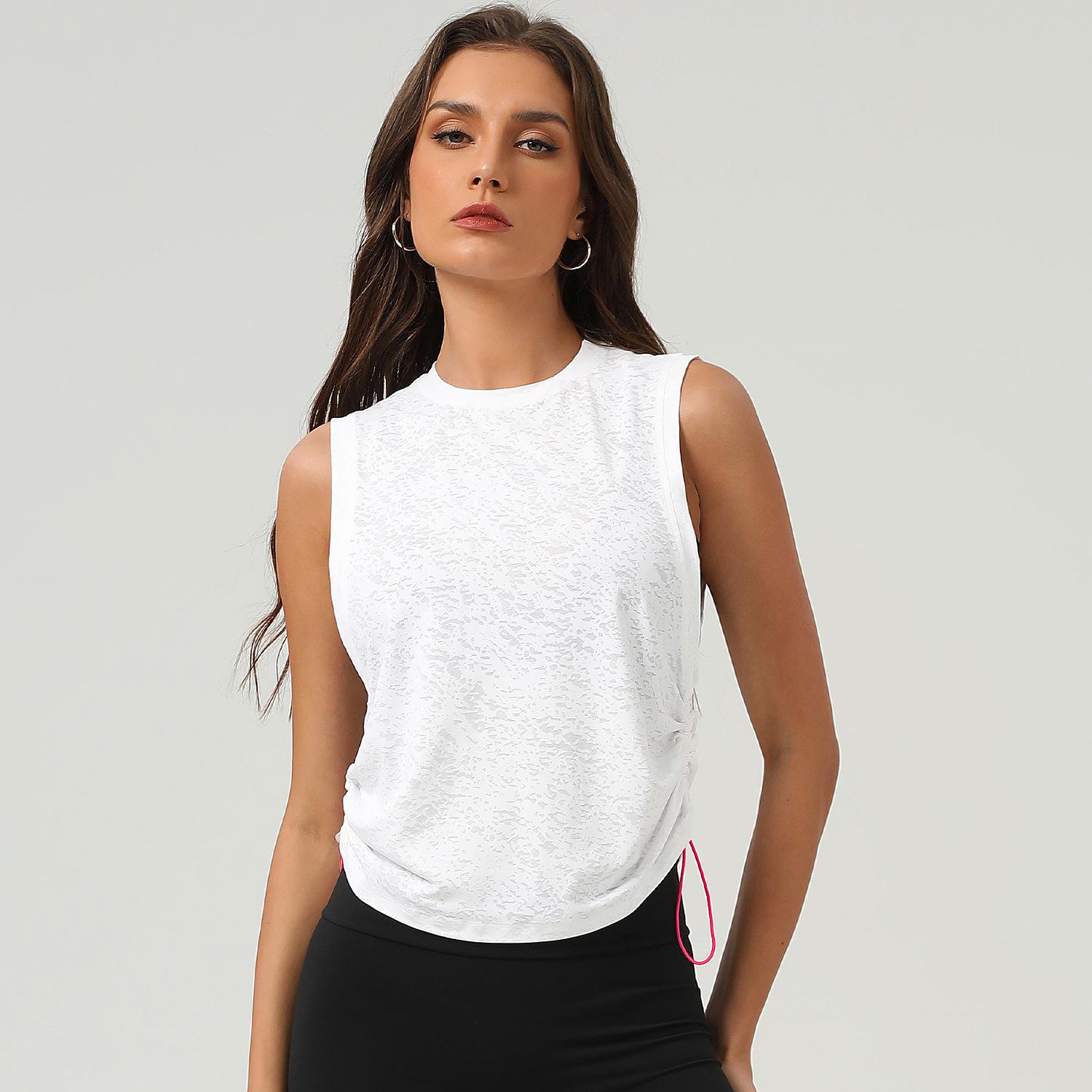 Women s O Neck Sleeveless Loose Fit Tank Top Jacquard Fabric Side Drawstring Casual Sports Yoga Workout Cover Up Vest S белый