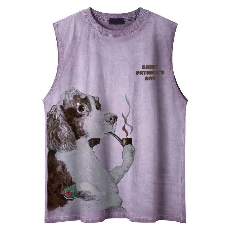 American Retro Scrawled Pipe Puppy Printed Sleeveless Vest for Men and Women Can Wear Trendy Brand Loose Couple Vest Top