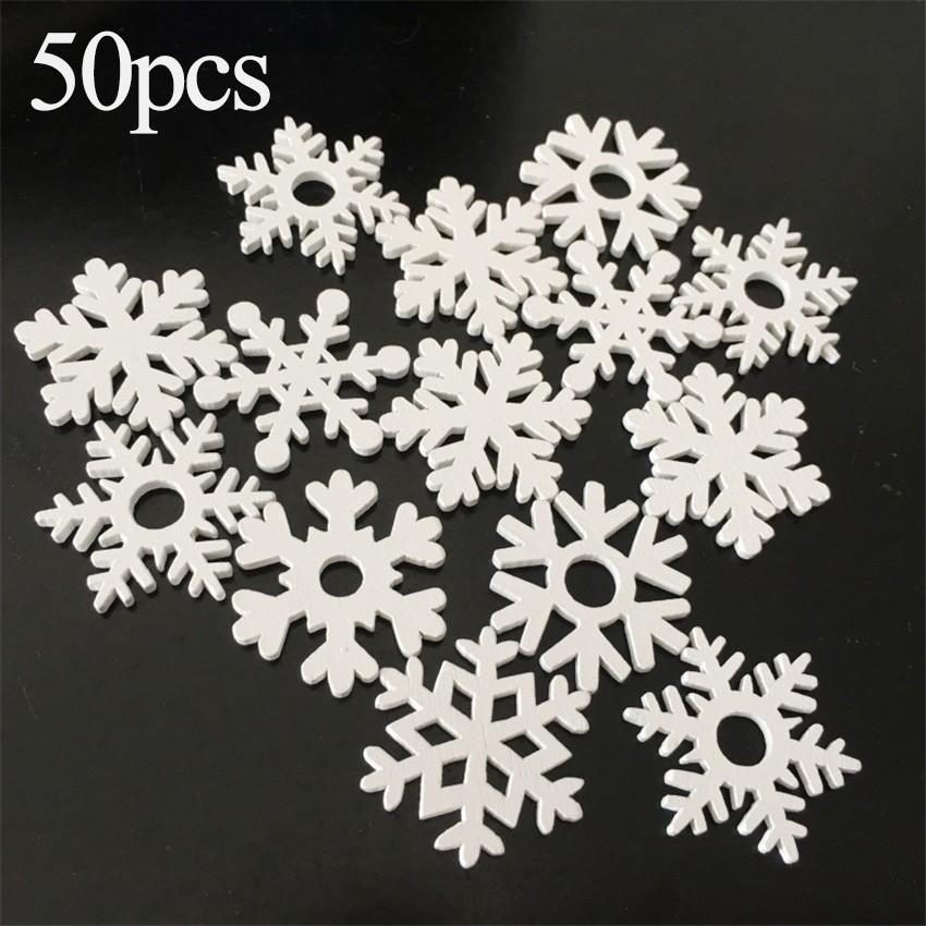 50pcs White Wooden Snowflakes Christmas Ornaments Pendants New Year Home Decor