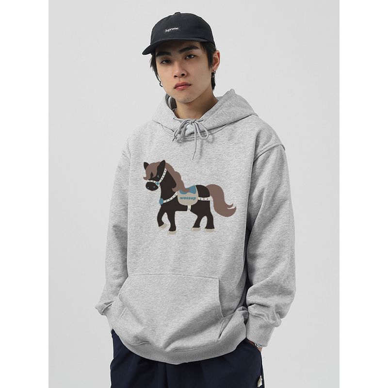 Wassup Year of the Horse Themed National Trend Heavy Fleece Sweatshirt for Men, Autumn and Winter Loose Casual Couple Hooded Top Jacket