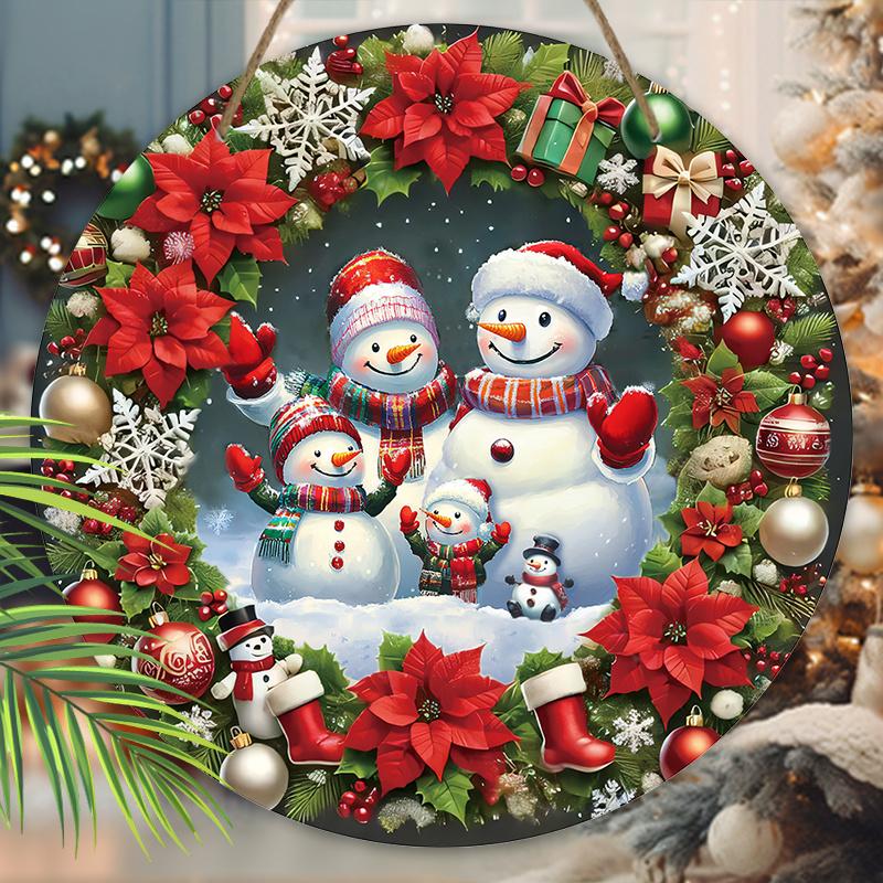 Warmes Winterliches Weihnachts-Holzschild mit Schneemann- & Kranzmuster, Weihnachtsornament zur Hängedekoration für Haustür, Wand, Veranda, Ideales Weihnachtsgeschenk