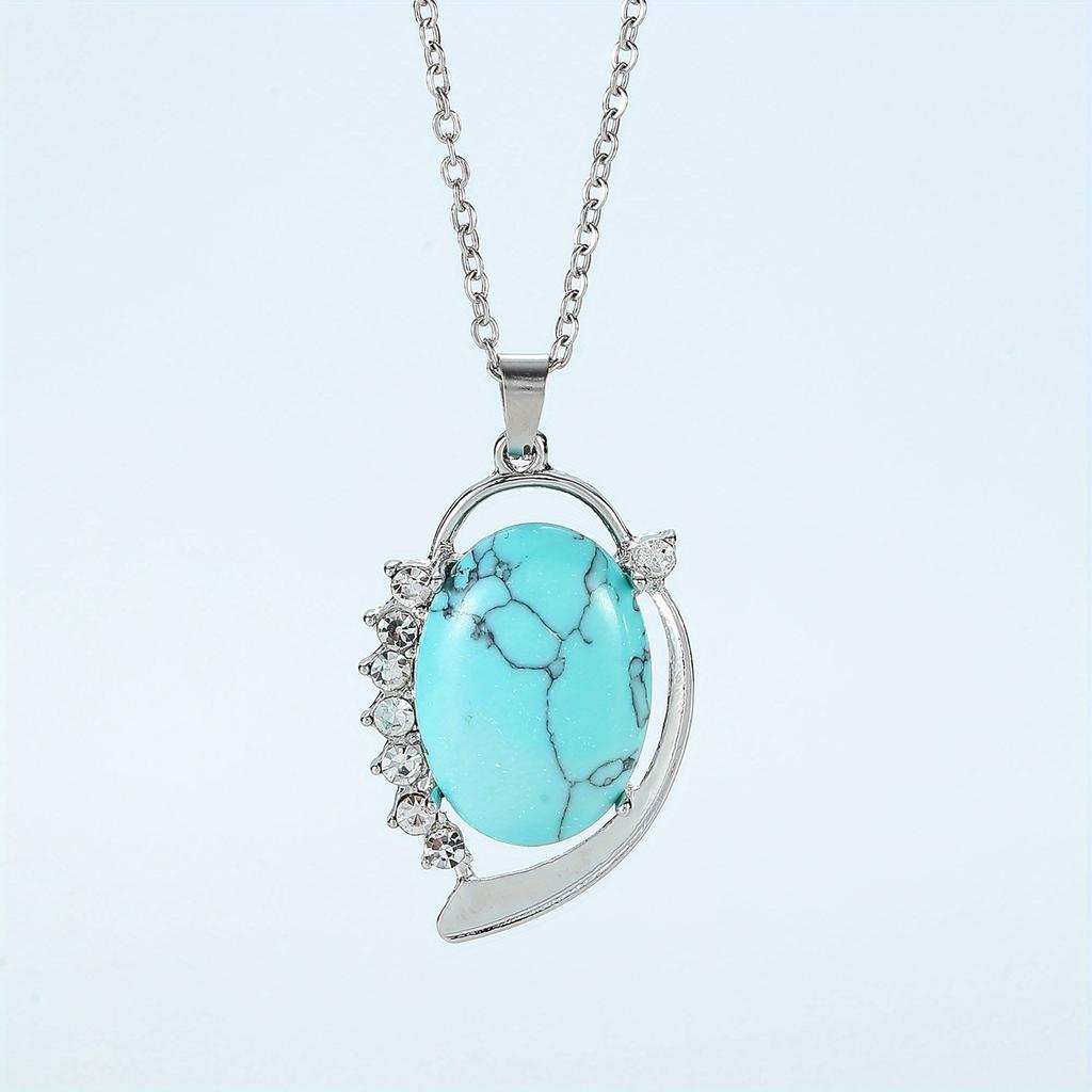 Natural Crystal Stone Pendants Necklaces Oval Bead Healing Pink Quartz Jewelry for Women Oval Shape Charms Metal Alloy Pendant