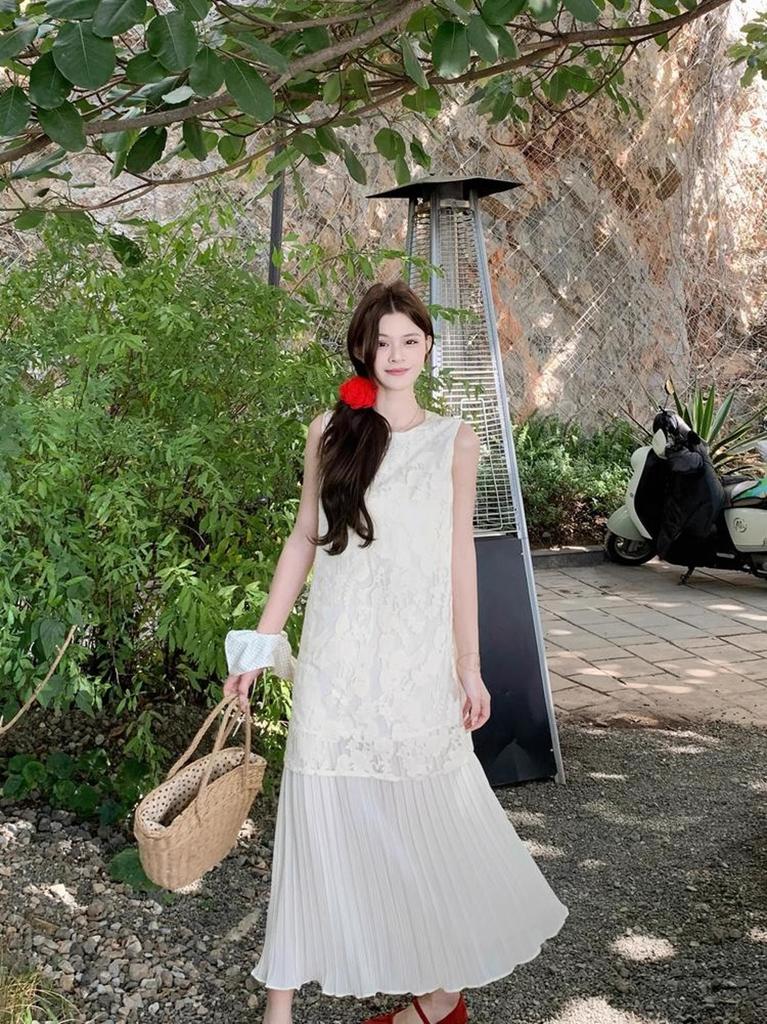 Lace Embroidered Vest Dress Summer New Holiday Style Splicing Medium and Long Sleeveless Vest Skirt Women's Tide