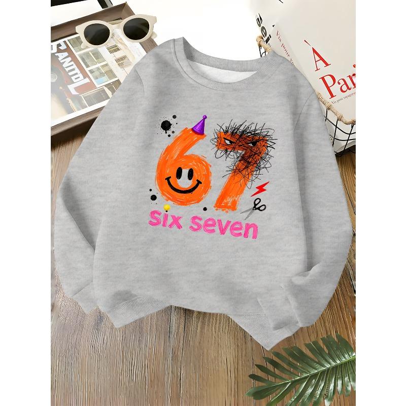 Kids Unisex Crewneck Sweatshirt, Graffiti Style Number 67 Six Seven Smiley Scrawl Print Soft Fleece Pullover For Kids Over 4 Years Old