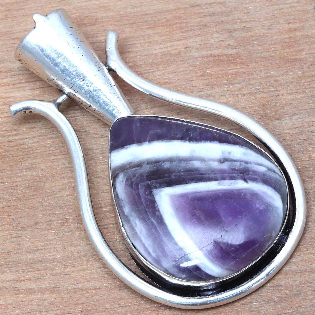 Pendant Amethyst Lace Agate Gemstone Handmade Antique Silver Jewelry 2"