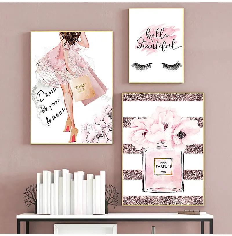 Fashion Pink Flower Perfume Eyelash Lip Makeup Poster Print Girl's Room Canvas Painting Wall Art Picture for Beauty Salon Decor