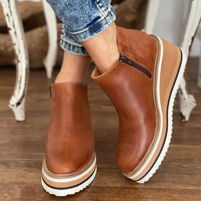 Bottines Courtes pour Femmes Bout Rond Haut Dessus Compensées à Plateforme Rétro Bottines Cuir Souple Fermeture Éclair Confortables Bottines Cheville pour Femme