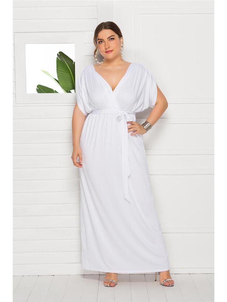 Plus Size Women’s Solid V-Neck Evening Dress, Sexy Loose Fit with Large Hem