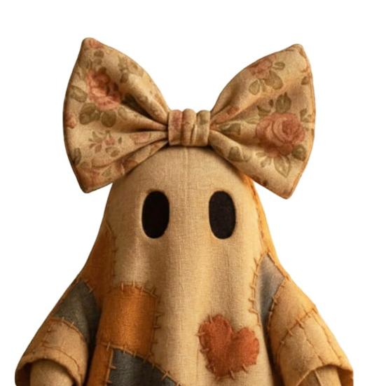 Patchwork Ghost Halloween Decor Handmade Ghost with Pumpkin Bucket And Floral Bow Vintage Tabletop Ornament for Shelf Home Decoration