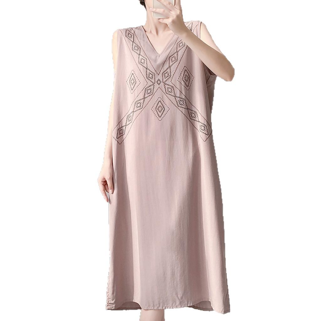 Literary style embroidered cotton silk nightdress women's summer artificial cotton with chest pad pocket loungewear can be worn outside dress thin
