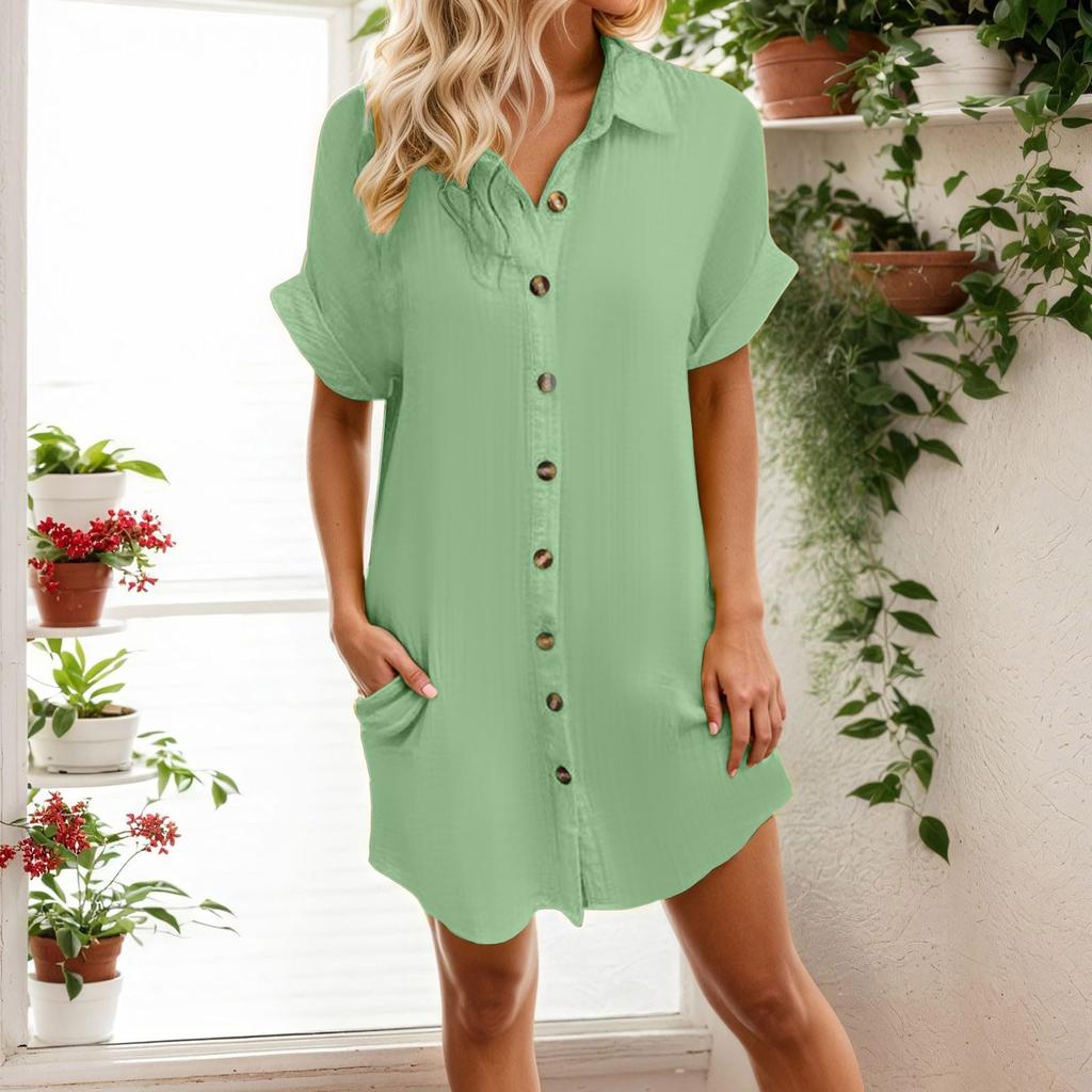 Fashionable Women's Casual Color Buttoned Mid-length Short-sleeved Loose Dress