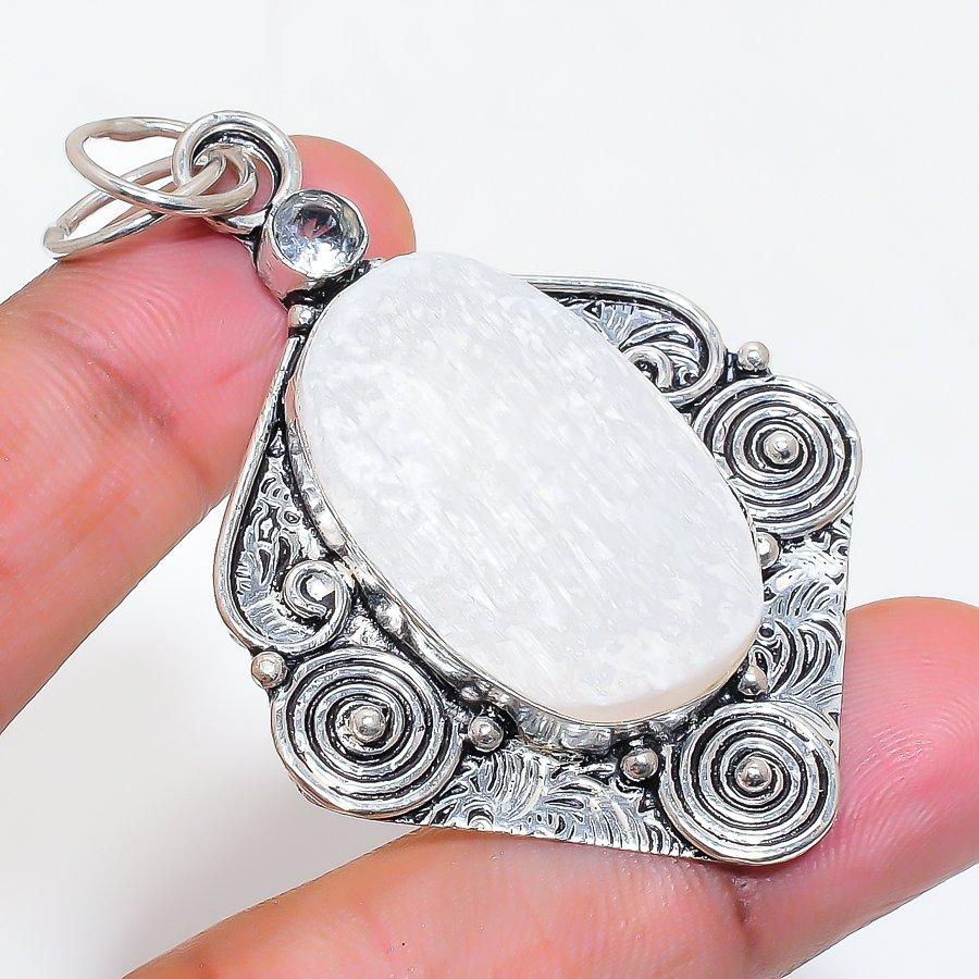 Natural Selenite, Topaz Gemstone 925 Sterling Silver Jewelry Pendant 2.48" ZS-61