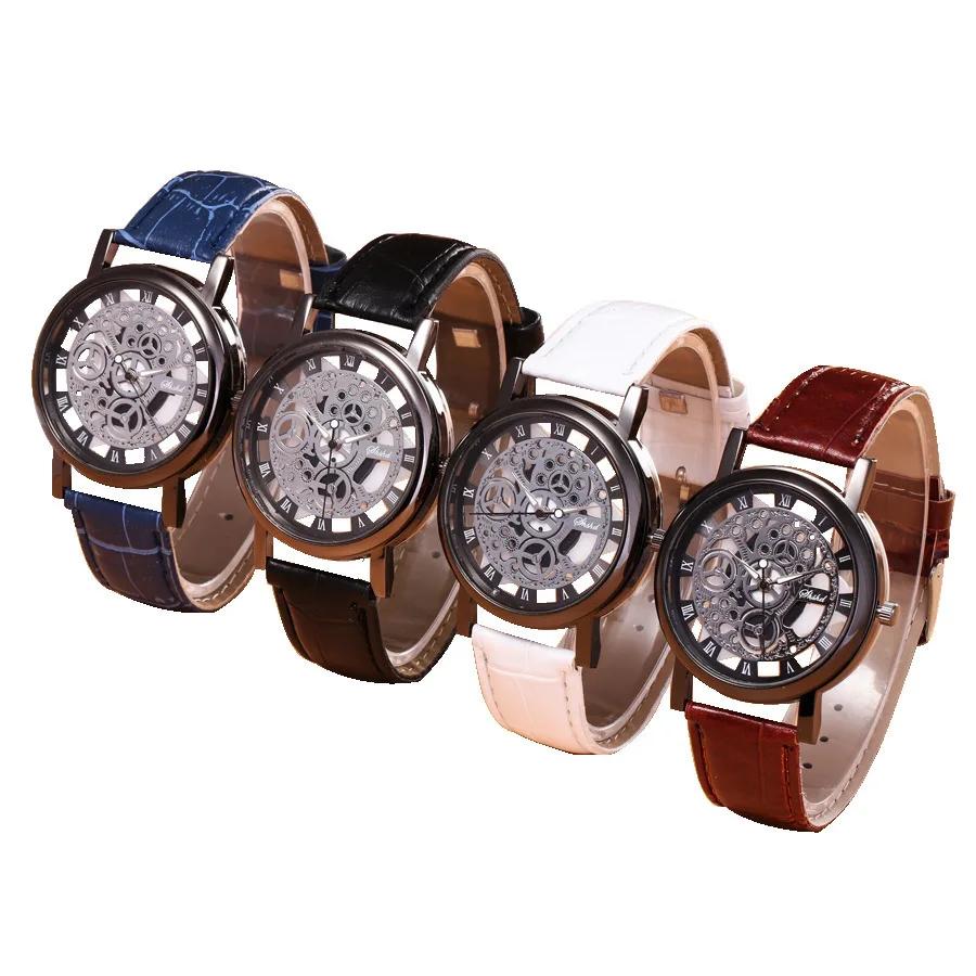 Fashion Business Skeleton Watch Men Wristwatch Leather Band High-end and High-Grade Women Clock