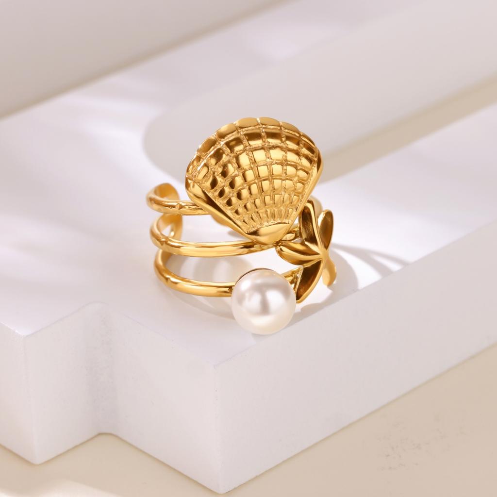 Ocean Pearl Starfish Shell Rings For Women Men Stainless Steel Gold Color Ring Summber Jewelry Beach Holiday Gifts Bague