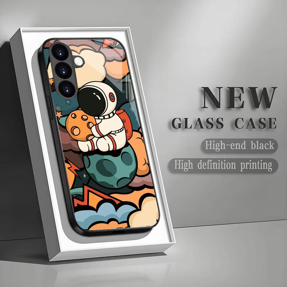 Cartoon astronaut tempered glass phone case suitable for Samsung GalaxyS26 S25 S24 S23 S22 S20FE/Ultra/Plus anti fall back cover