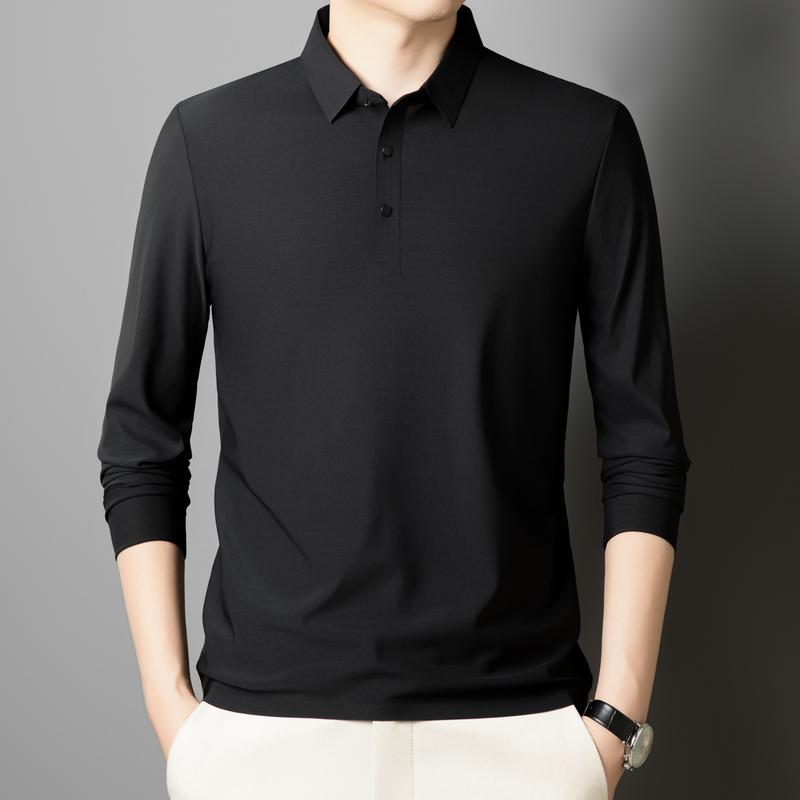 Autumn Ice Silk Markless Long-sleeved T-shirt Men's POLO Shirt New Solid Color Lapel Top