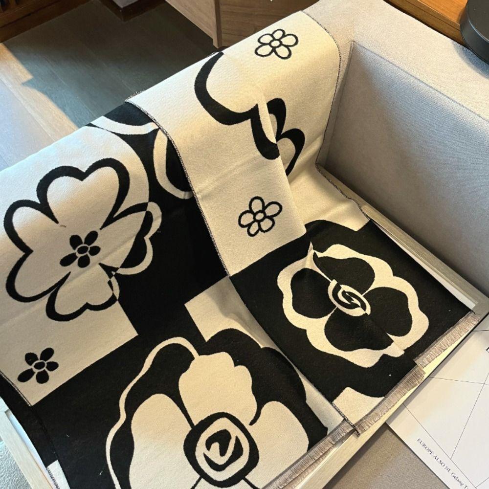 Black White Printed Scarf Camellia Large Wool Shawl Elegant Winter Cashmere Scarves  Girl