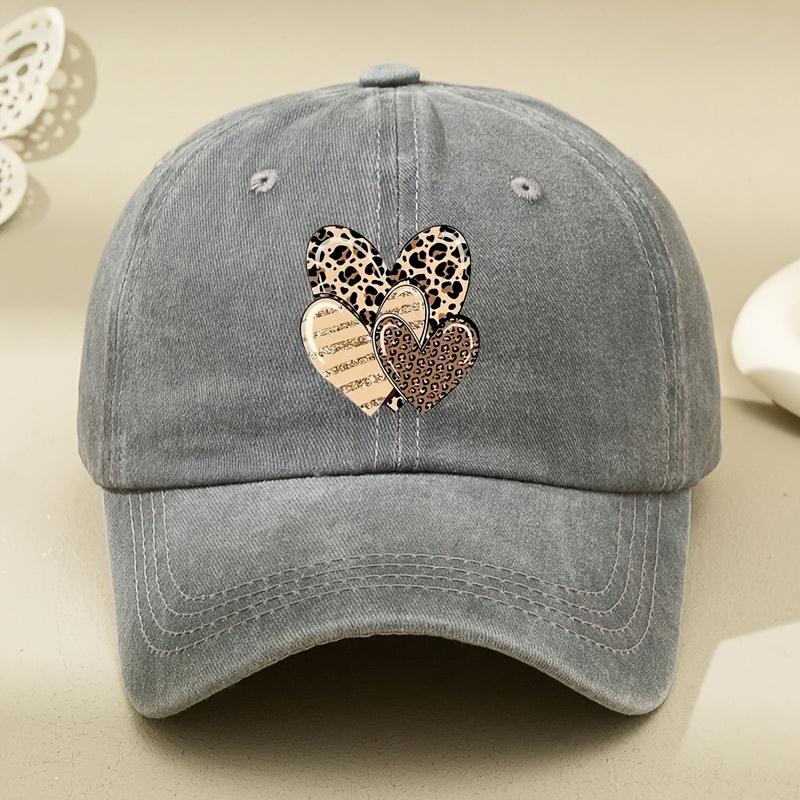 Three Leopard Print Love Pattern Women's Washed Baseball Caps, Multi-functional Dad Hat, Adjustable Sports Outdoor Cap