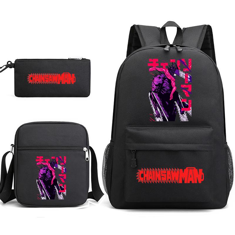 Chainsaw Man Print Student Backpack Set with Crossbody Bag and Pencil Pouch for Boys Girls Daily Use