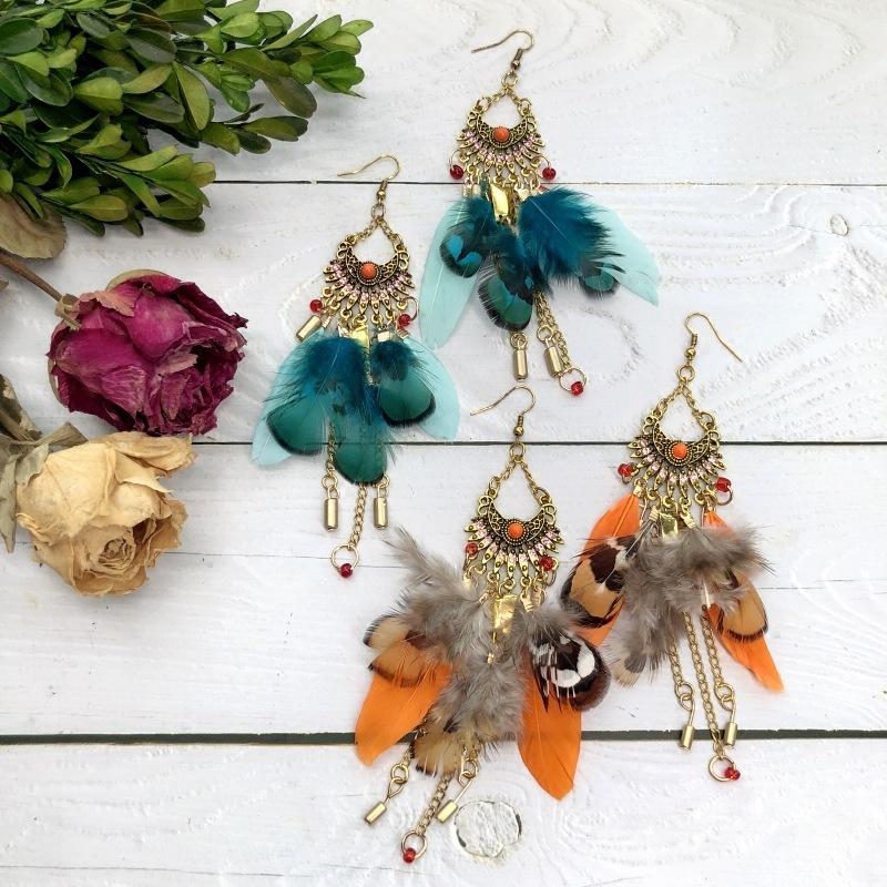 Handmade retro bohemian feather earrings dream catcher elements long fringed earrings temperament women's earrings