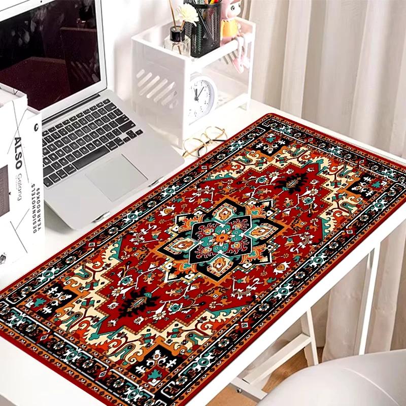 Bohemian Style Large Gaming Mouse Pad Antique Persian Rug Pattern 900x400 Non-Slip Rubber Base Stitched Edges PC Desk Accessory