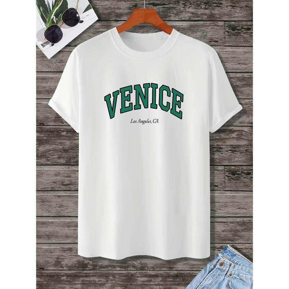New Men's Casual Loose Fashionable White Crew Neck Letter 'Venice' Print Short Sleeves T-Shirt