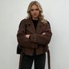 Brauner zweireihiger Woll-Cropped-Blazer mit Reverskerbe und Vordertaschen