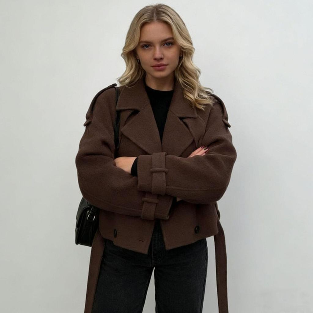 Brauner zweireihiger Woll-Cropped-Blazer mit Reverskerbe und Vordertaschen