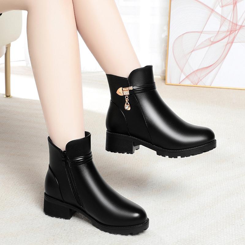 Herbst Neue Mode Damen Weiches Leder Stiefelette Hohe Absätze Reißverschluss Schuh Plüsch Samt Warmes Fell Winter Kurze Lederstiefel
