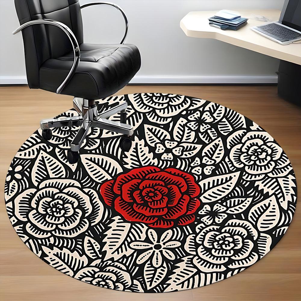 1pc Floral Rose Office Round Area Rug, Indoor Mat Suitable For Office, Under Office Chairs Bedroom Living Room Home Decor, Room Deco