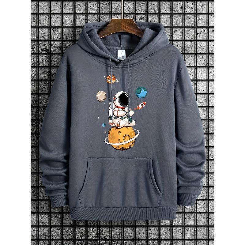 Cartoon meditation astronaut planet rocket print men's autumn/winter hooded sweatshirt loose casual pullover sweatshirt