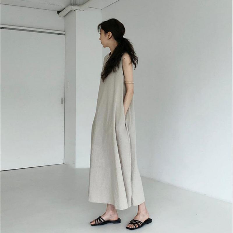 Pumpkin Color Lazy Simple Swing Loose Sleeveless A-line Vest Long Skirt Slimming Dress