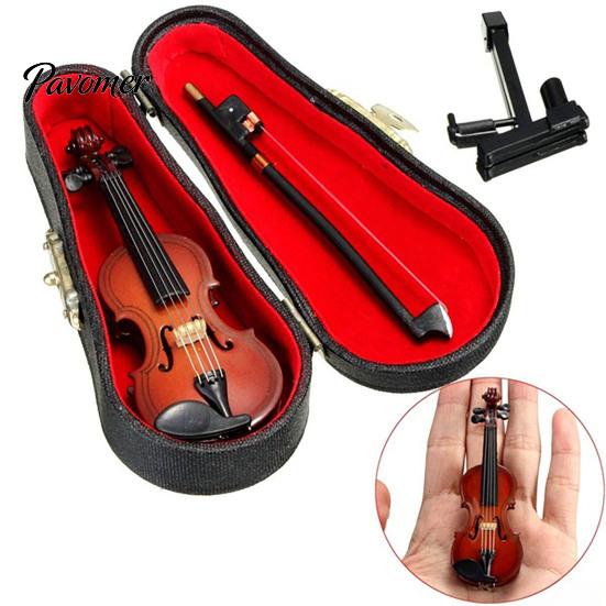 Miniature Violin Figurine Wooden Mini Model with Stand Playable Tiny Ornament Musical Instrument Home Office Desktop Decoration Polished Wood