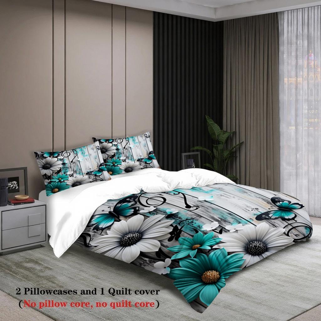 Full Size simple Teal Bedding Sets 3D Printed Floral Minimalist Style 3pcs Duvet Cover Comforter Not Included Room Decoration