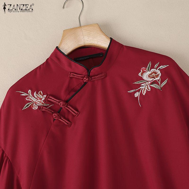 ZANZEA Women Stand Collar Casual Embroidery Loose Short Sleeve Blouse
