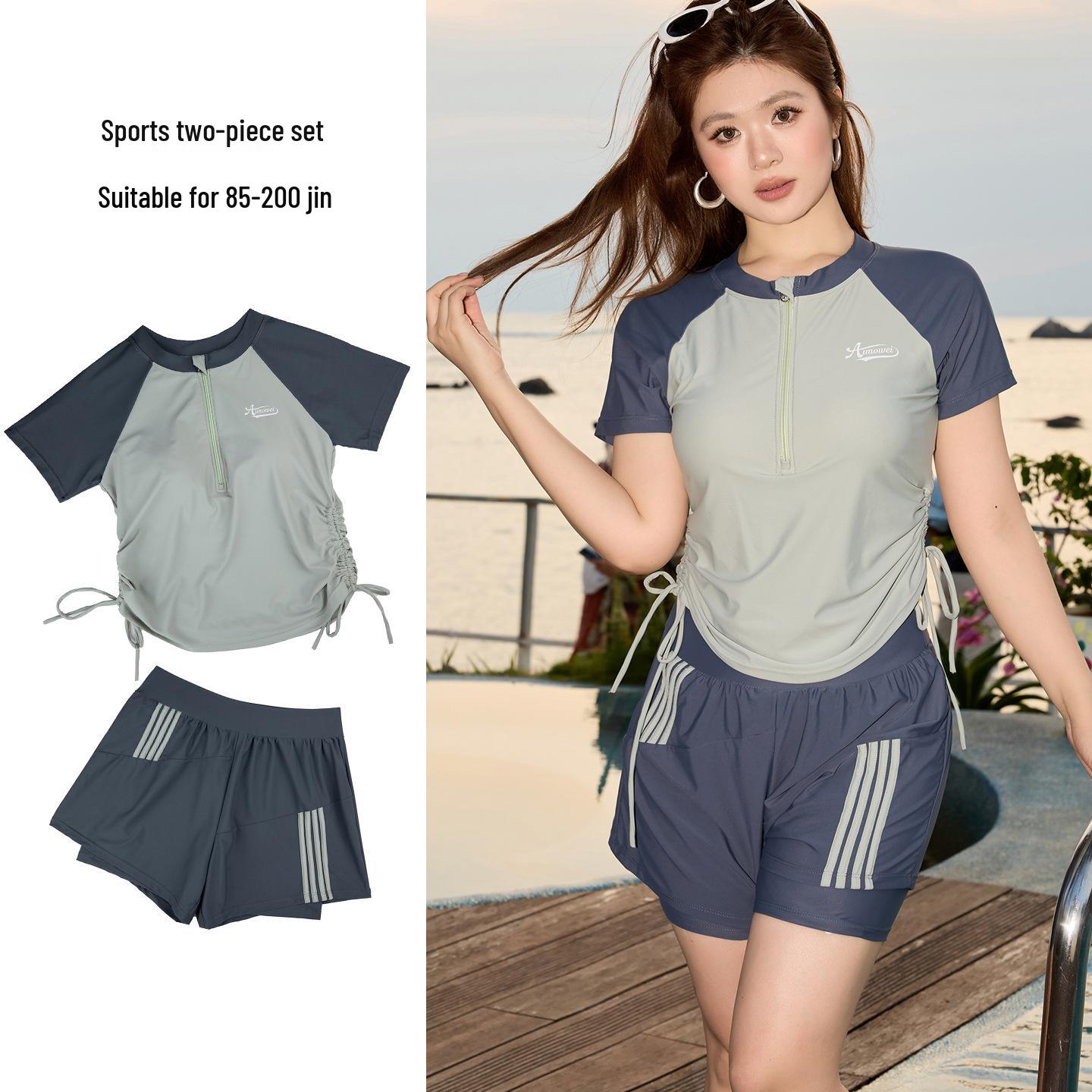 Damen Übergröße Zweiteiliger Badeanzug: Kurzarm, konservative Körperbedeckung mit Boyshorts für Strand & Heiße Quellen 3XL gray