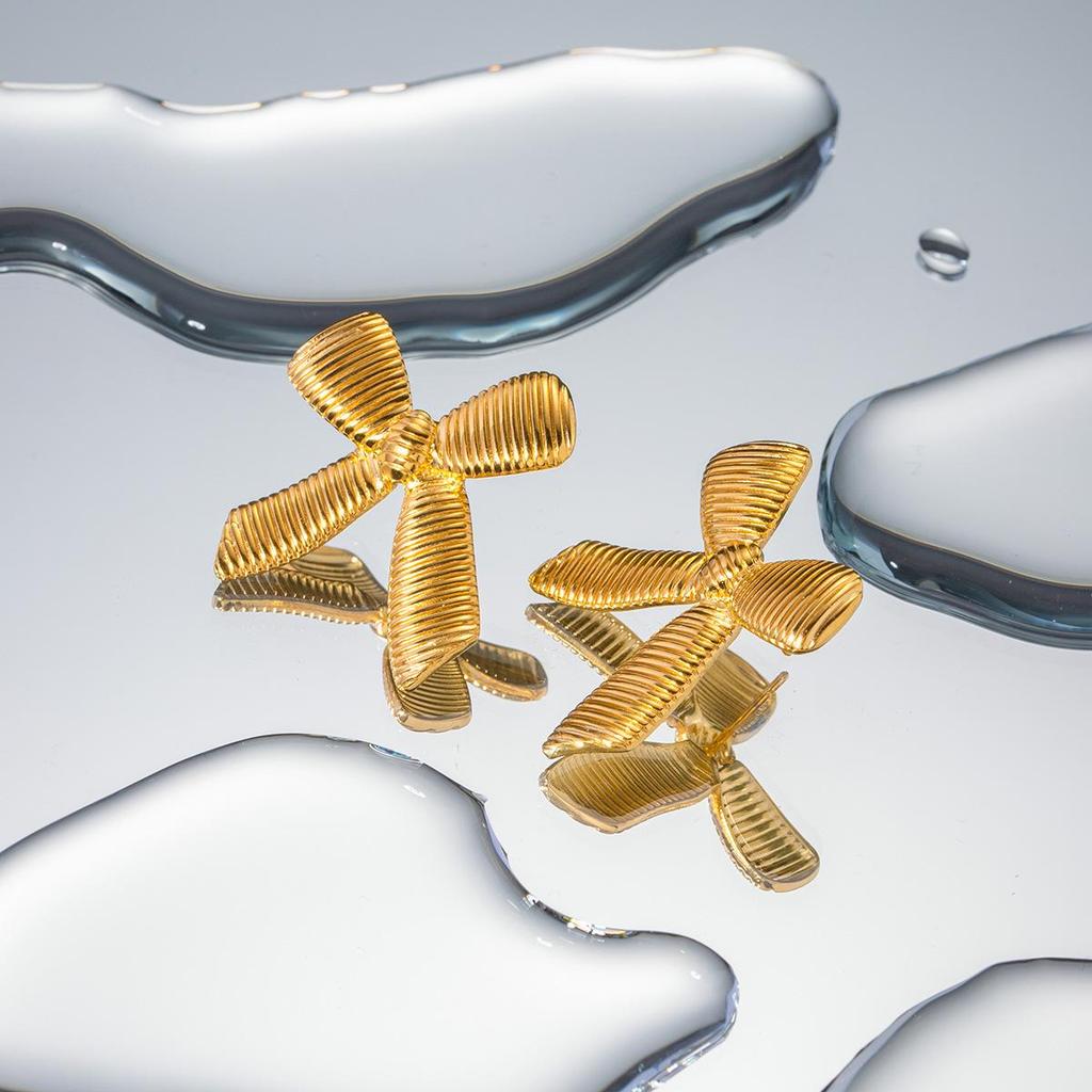 18K Gold Stainless Steel Bow Earrings: Colorfast Striped Studs for Women