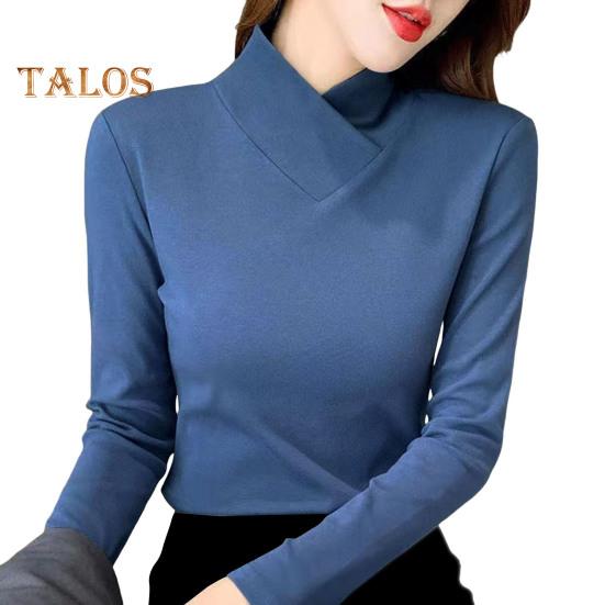 Damen-Oberteile, halbhoher Kragen, lange Ärmel, schmale Passform, weiche, dehnbare Pullover-Oberteile, einfarbiges Hemd mit einzigartigem Ausschnitt