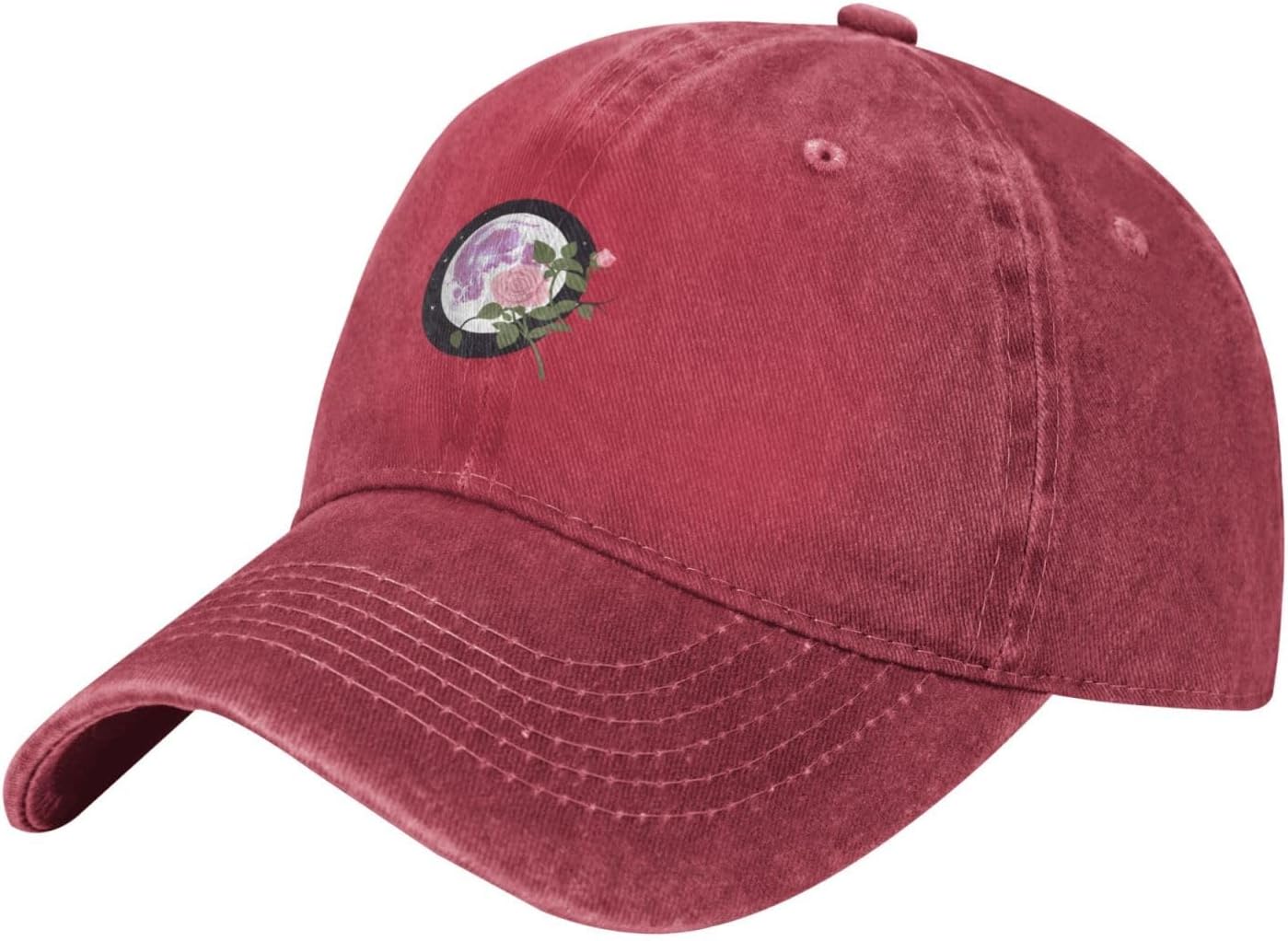 

Romantic Rose Moon Print Washed Baseball Cap Adjustable Denim Sun Protection Casual Hat Can Be Adjusted красный