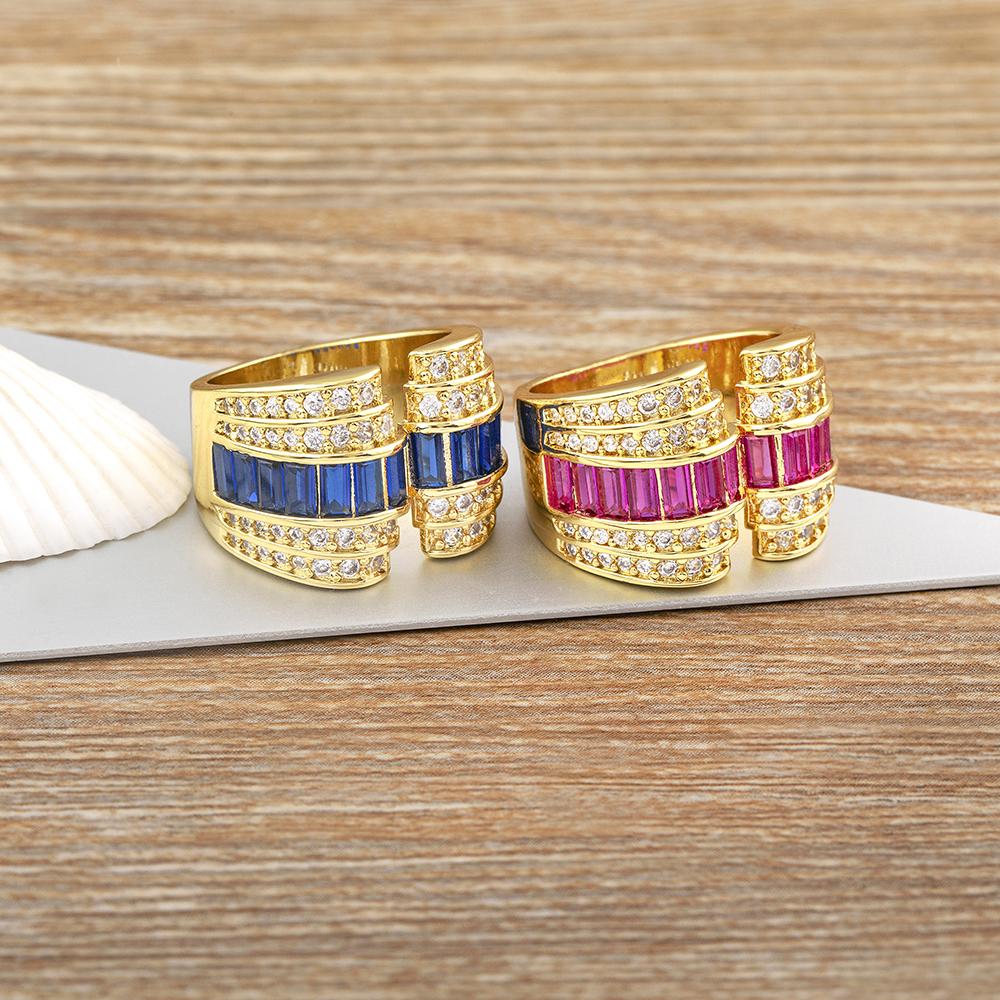 AIBEF Luxury Wide Rings Gold Plated 5 Colors Copper Zircon Opening Adjustable Engagement Jewelry Women Accessories Lovers Gifts