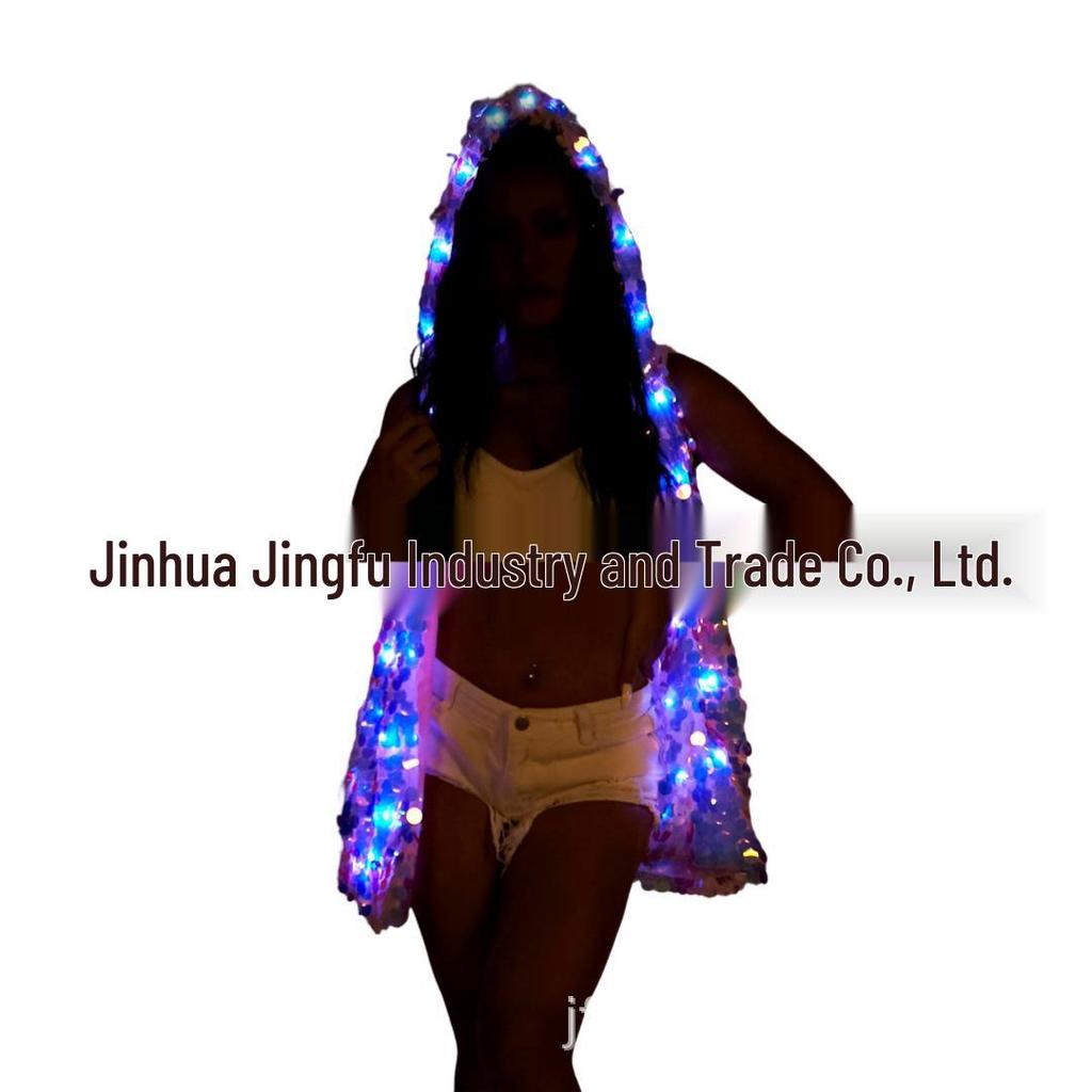 LED Glowing Sequin Hooded Jacket - Women's Nightclub Performance Vest