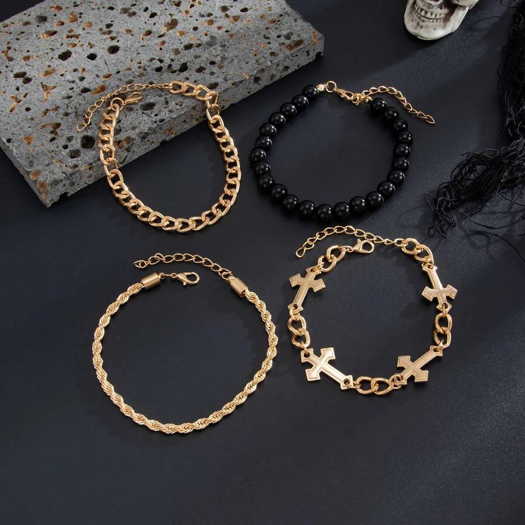 Ingemark 4Pcs/Set Punk Cross Beads Chain Bracelets for Men on Hand Hip Hop Adjustable Chain Bangles Couple Halloween Jewelry