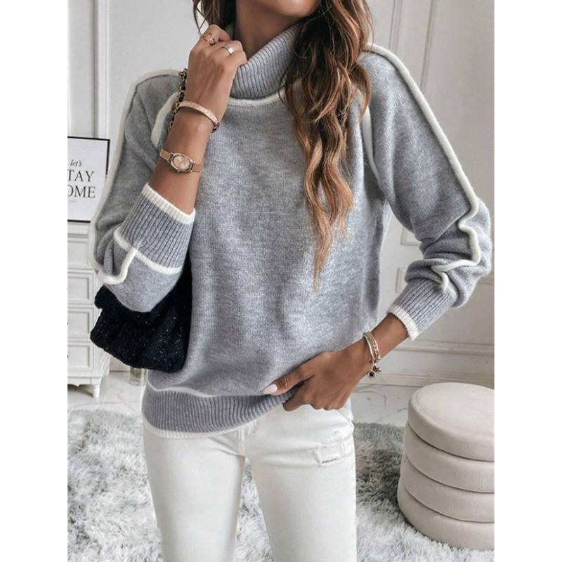 women s Contrast Striped Turtleneck Long Sleeve Loose Fit Knit Sweater Color Block Pullover Casual Jumper Top S серый