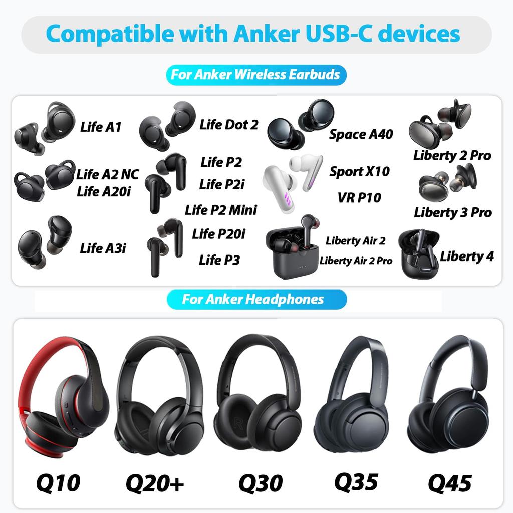 Adhiper USB C Charging Cable for Anker Soundcore Life Q45 Headphones USB C Charger Cord for Anker Liberty Pro Life Space A40 Earphones Bluetooth
