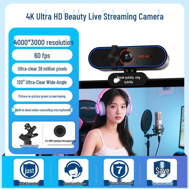 4K Ultra HD 60fps Streaming Camera with USB & Microphone for Desktop/Laptop